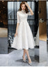 Lovely White Tea Length Lace Simple Short Sleeves Party Dress, White Lace Wedding Party Dress Graduation Dress